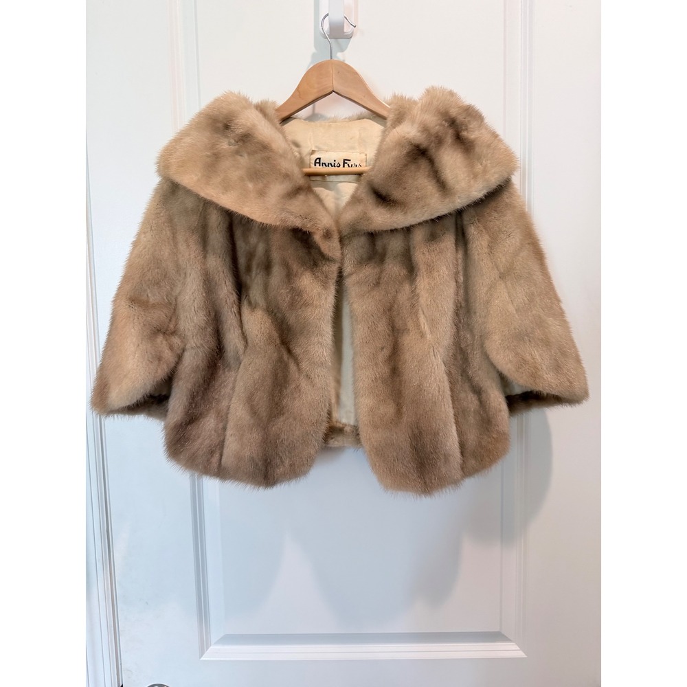 Vintage Annis Furs Mink Fur Bolero Jacket Shawl Collar Tan Brown Cropped Coat